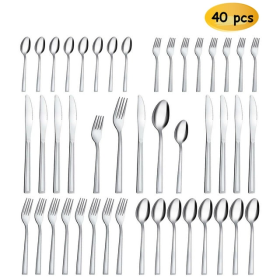 Silverware Set Service for 8, Hunnycook 40 Pieces Square Handle Stainless Steel Flatware Set, Mirror Polished Cutlery Set for Home Kitchen Restaurant