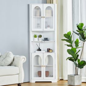 White Tall Corner Cabinet with Glass Doors & Led, 70.86" Tall Bathroom Storage Cabinet with 4 Doors and 6 Shelves