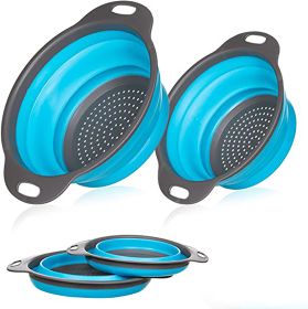 Collapsible Colander Silicone Bowl Strainer Set of 2, Portable Folding Filter Basket Bowls Container Rubber Strainer, Use for Draining Fruits (Color: Blue)