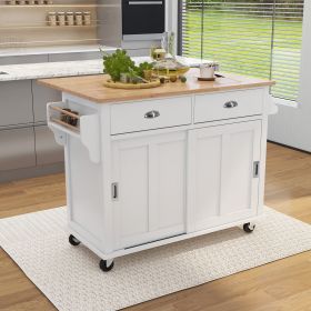 Kitchen Cart with Rubber wood Drop-Leaf Countertop, Concealed sliding barn door adjustable height (Color: as Pic)